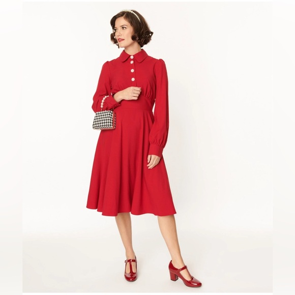 Hell Bunny Red Midi Dress with White Buttons - Picture 1 of 14